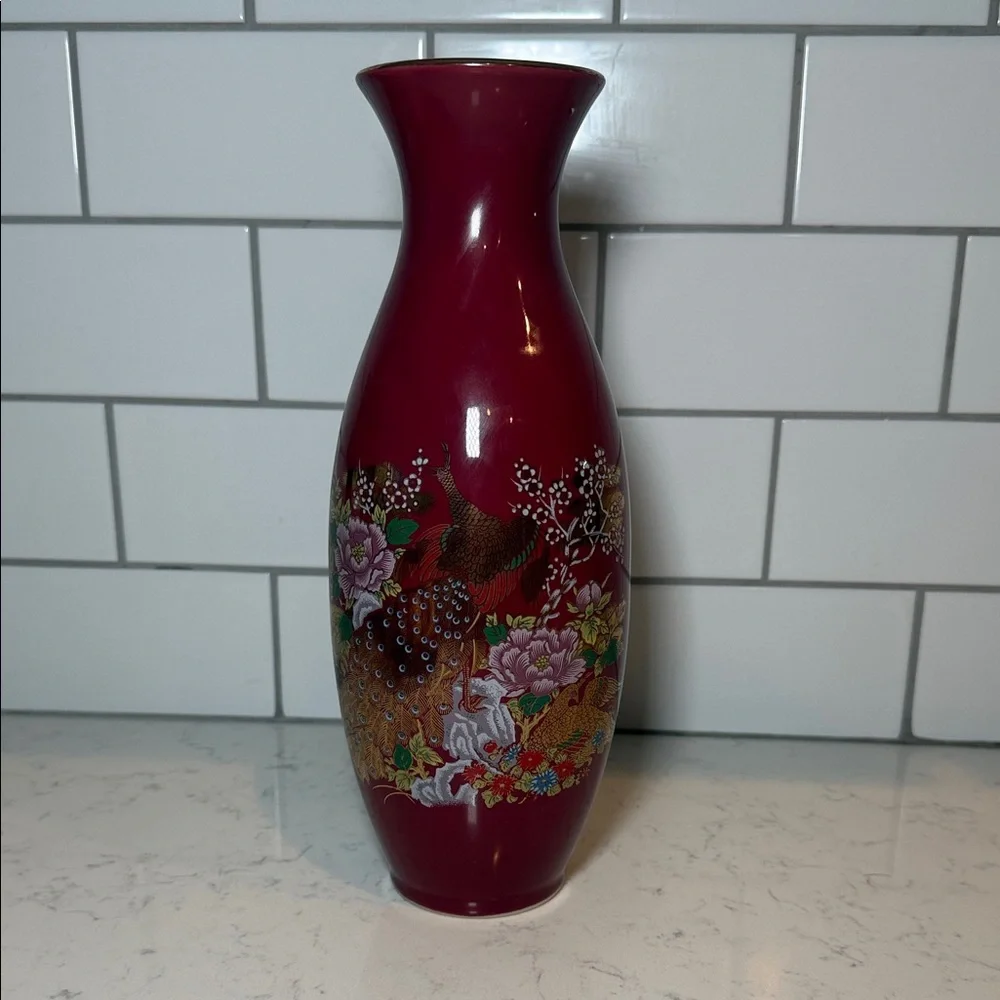 Vintage 1980s Imperial Japan Hand Painted Ceramic Vase Red Gold Peacock 11